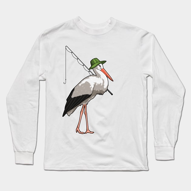 Stork at Fishing with Fishing rod Long Sleeve T-Shirt by Markus Schnabel